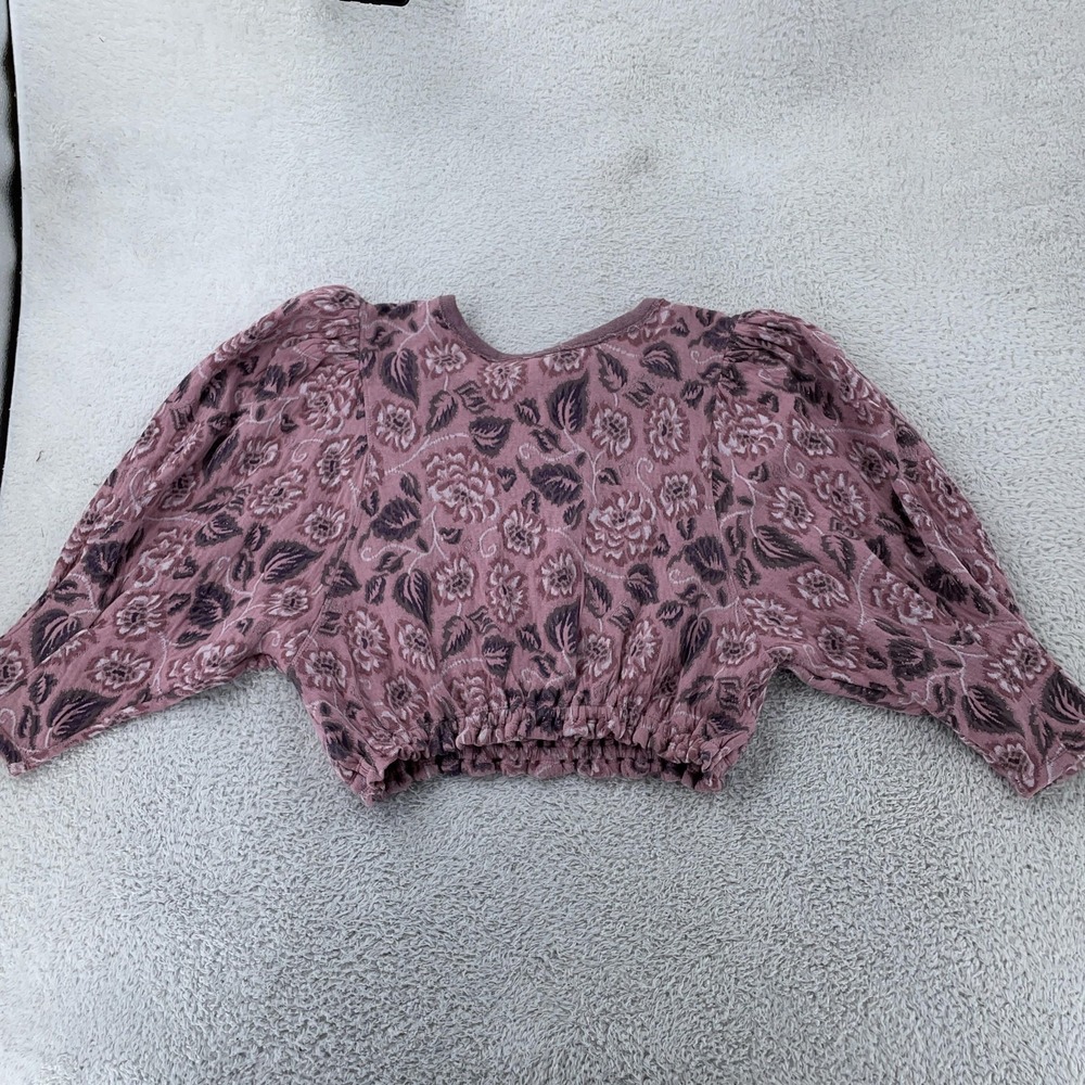 Free‎ People Floral Cropped Shirt Women's L Mauve Boho Open Back Tie Puff Sleeve
